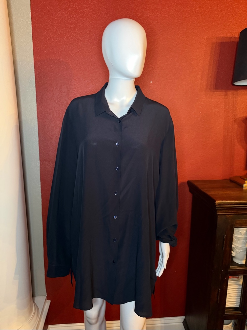 Marina Rinaldi Navy Blue 100% Silk Button Down Blouse Shirt Plus Size 18